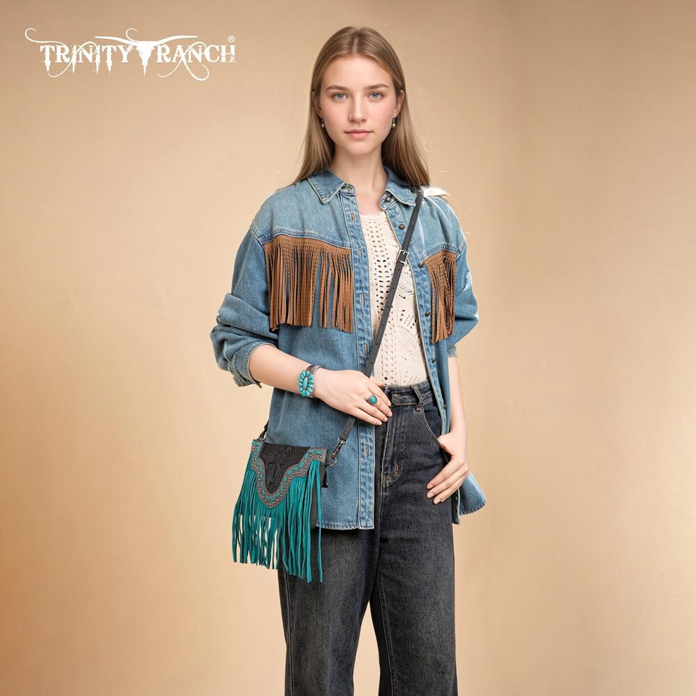 2799 Floral Crossbody Bags Western Tooled Fringe with Antique Silver Studs - Picture 2 of 6